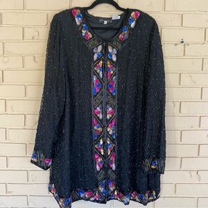 Vintage Jewel Queen Black Silk Beaded Sequin Jacket 3X Cocktail Party Formal